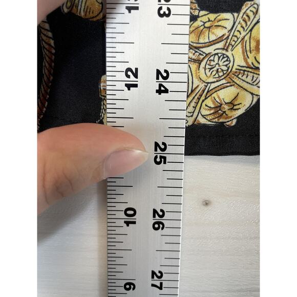 Hana Sung Blouse Womens Medium Black Gold Baroque Tassel Rope Print Short Sleeve - Picture 4 of 8